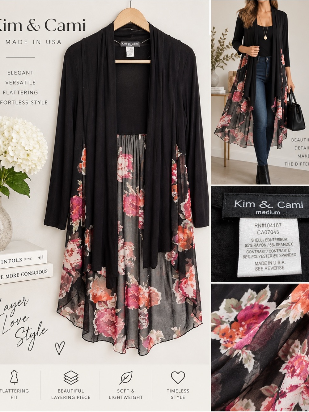 Kim & Cami Black Floral Mesh Duster Cardigan Made in USA M